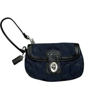 COACH Legacy Black/ Navy Blue Signature Canvas Leather Trims Wristlet #F44677